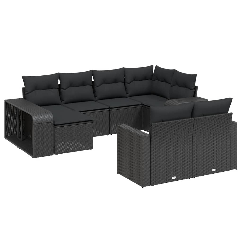 10-delige Loungeset met kussens poly rattan zwart