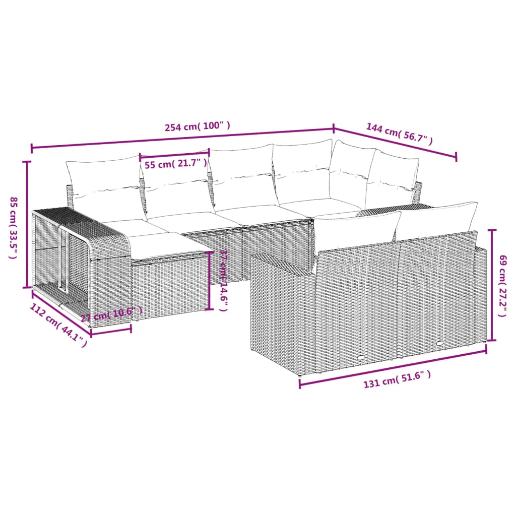 10-delige Loungeset met kussens poly rattan zwart