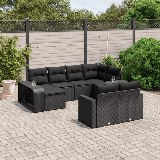 10-delige Loungeset met kussens poly rattan zwart