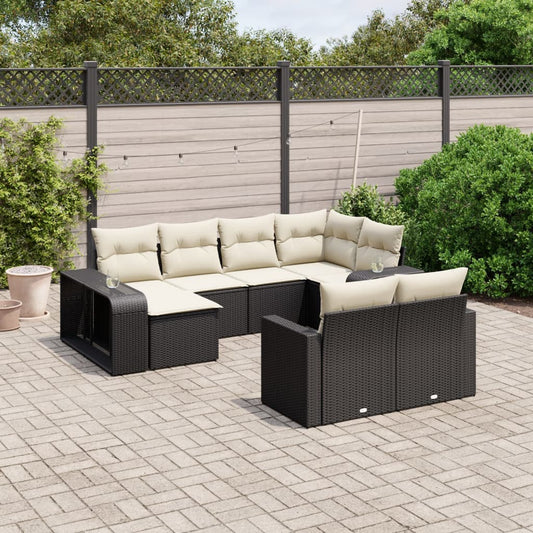 10-delige Loungeset met kussens poly rattan zwart