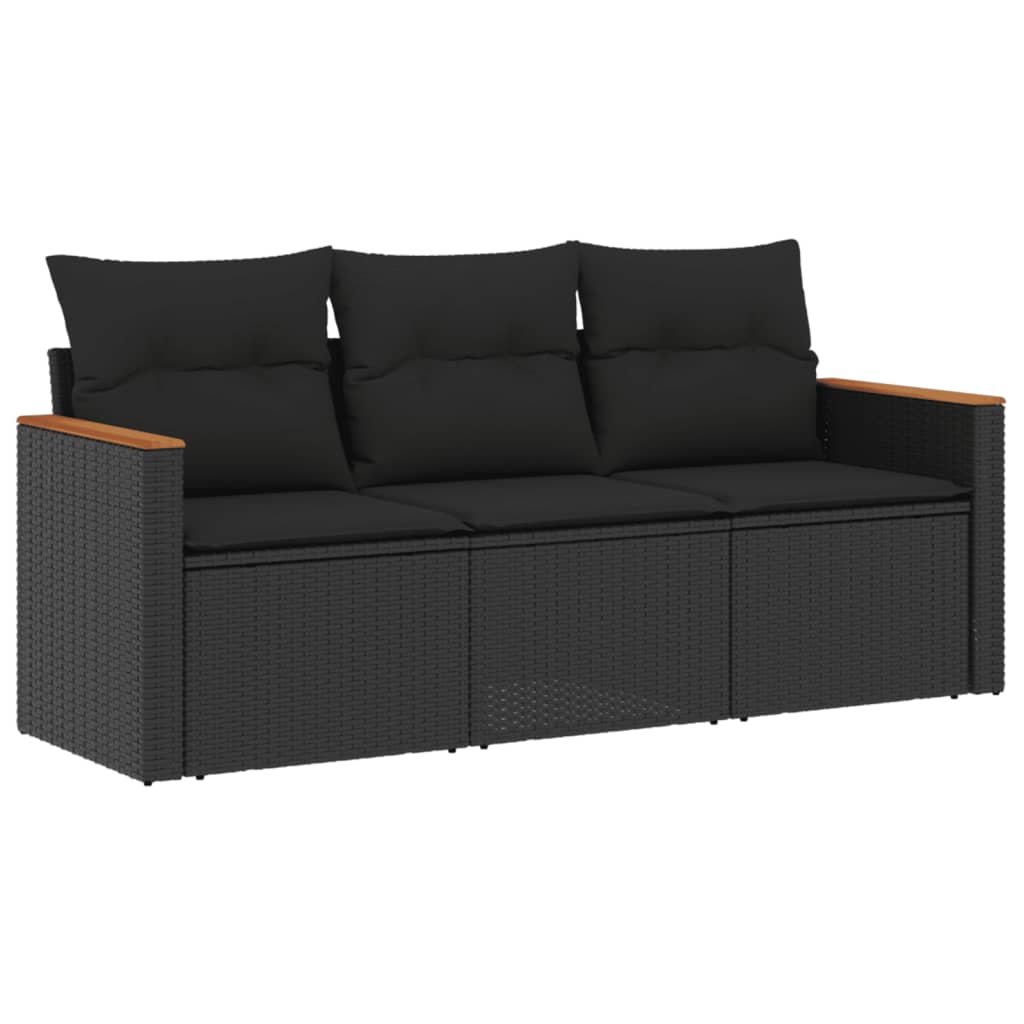 3-delige Loungeset met kussens poly rattan zwart