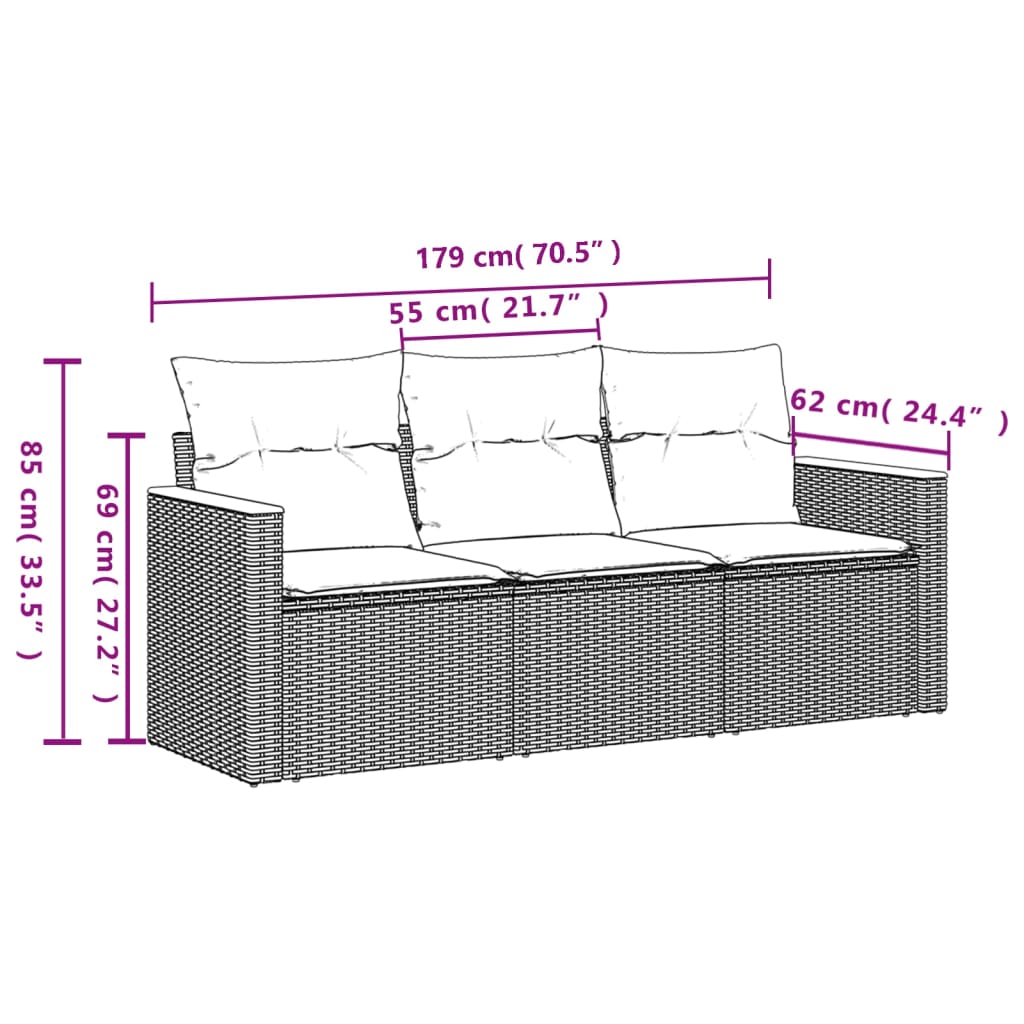 3-delige Loungeset met kussens poly rattan zwart