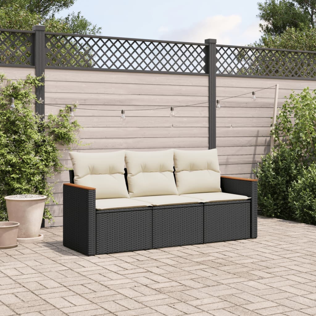 3-delige Loungeset met kussens poly rattan zwart