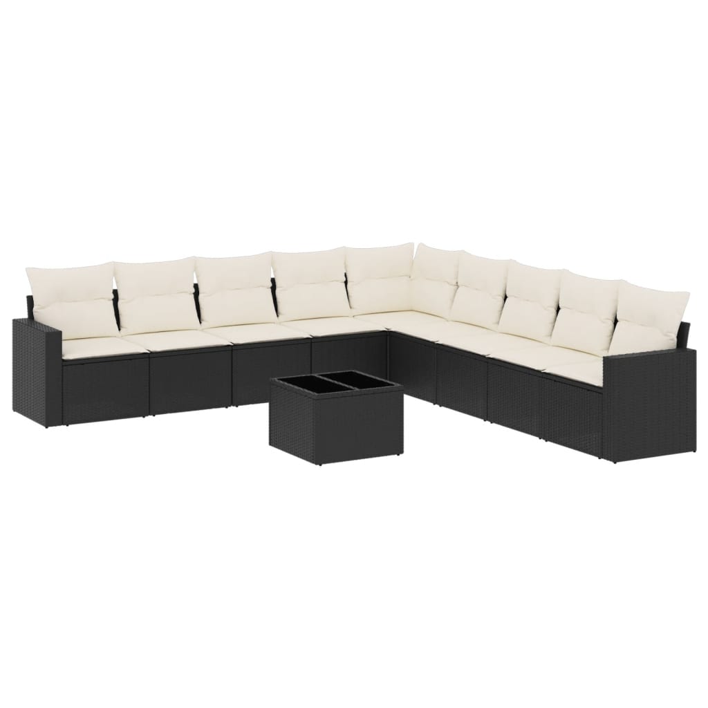 10-delige Loungeset met kussens poly rattan zwart