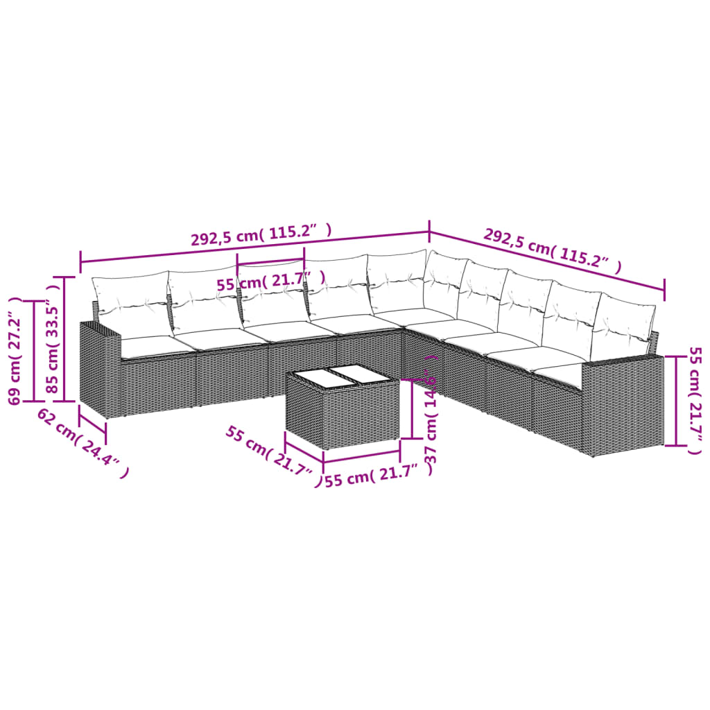 10-delige Loungeset met kussens poly rattan zwart