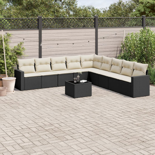 10-delige Loungeset met kussens poly rattan zwart