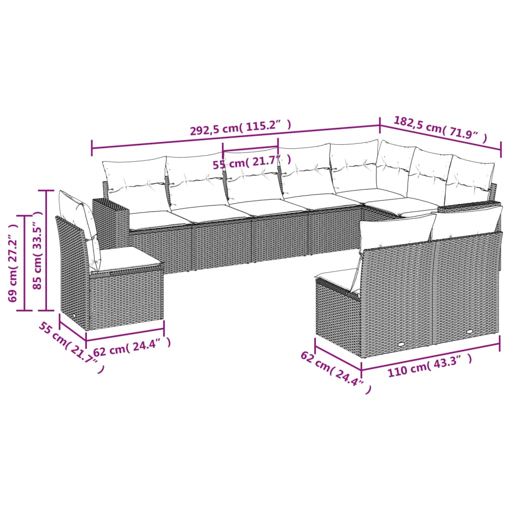 10-delige Loungeset met kussens poly rattan zwart