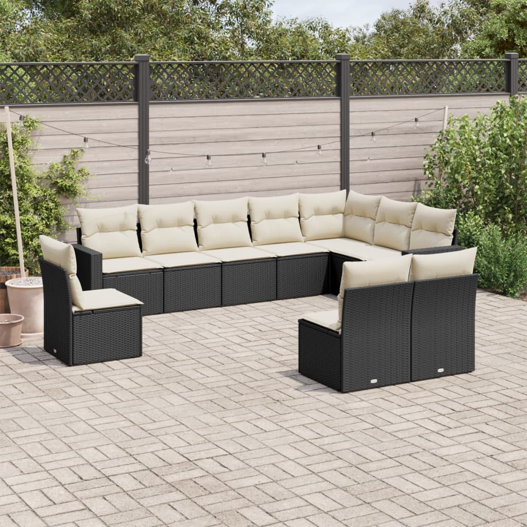 10-delige Loungeset met kussens poly rattan zwart