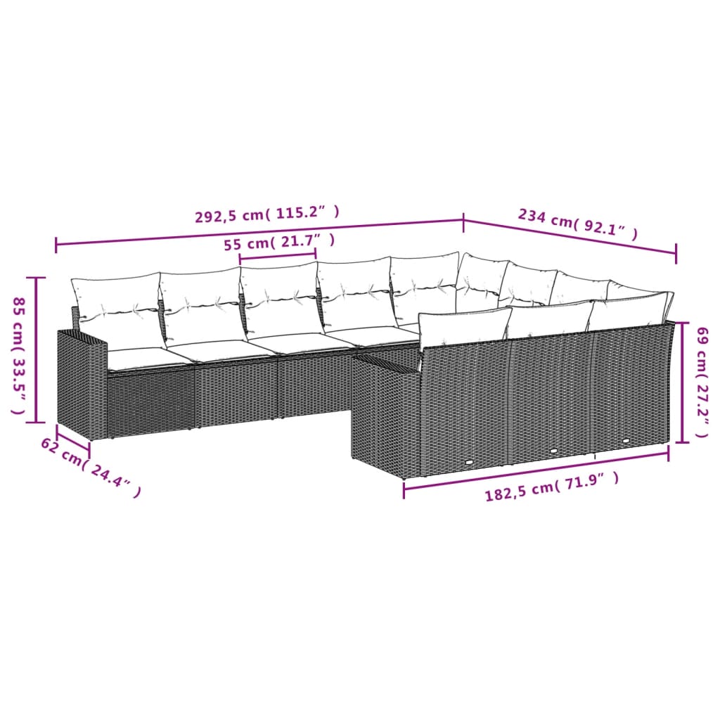 10-delige Loungeset met kussens poly rattan zwart