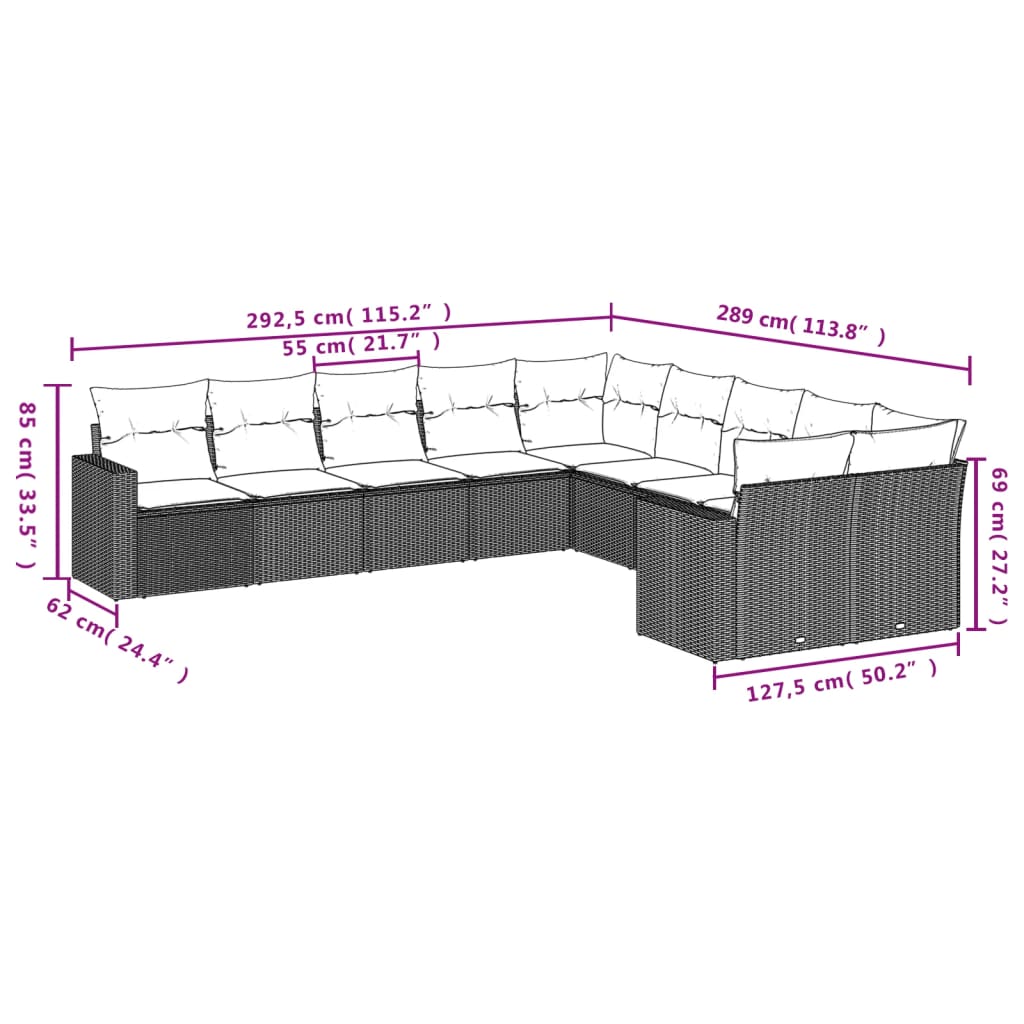 10-delige Loungeset met kussens poly rattan zwart