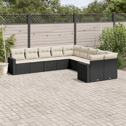 10-delige Loungeset met kussens poly rattan zwart