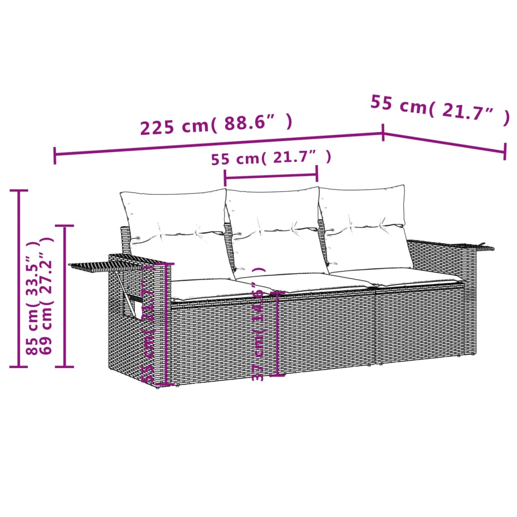 3-delige Loungeset met kussens poly rattan zwart