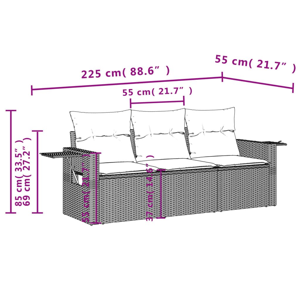 3-delige Loungeset met kussens poly rattan grijs