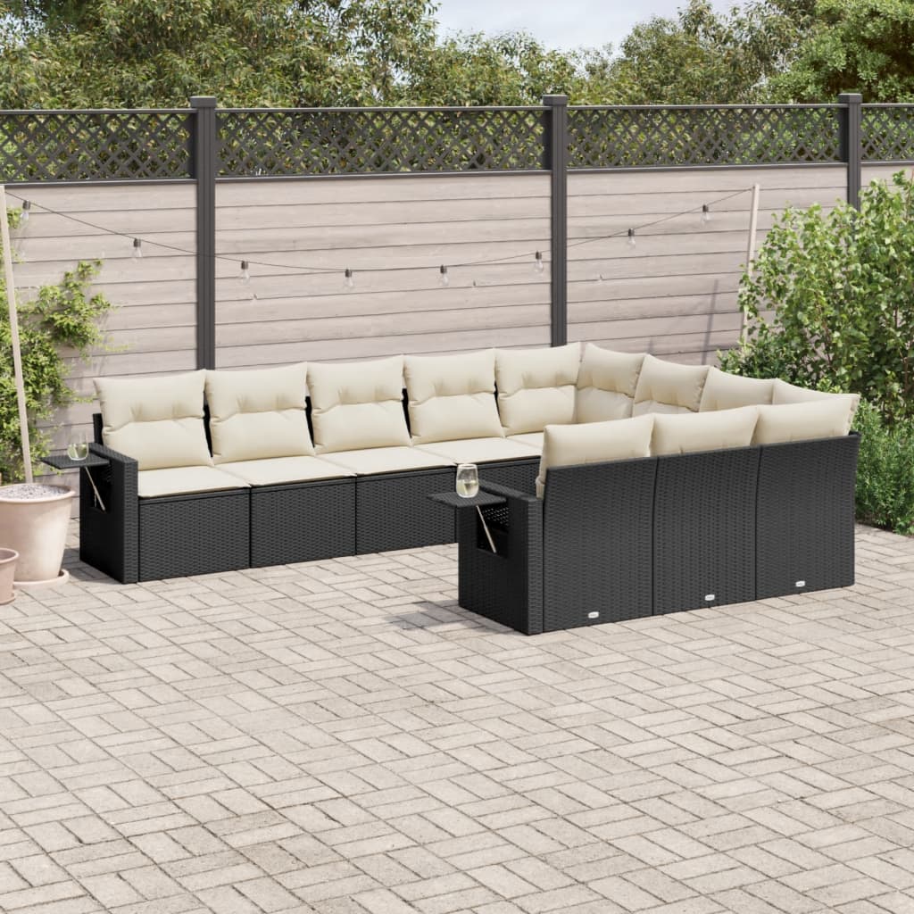 10-delige Loungeset met kussens poly rattan zwart