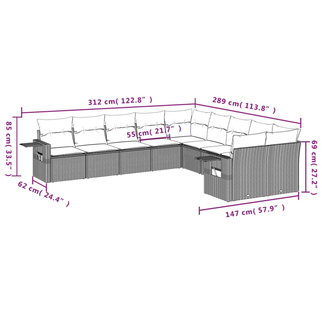 10-delige Loungeset met kussens poly rattan zwart