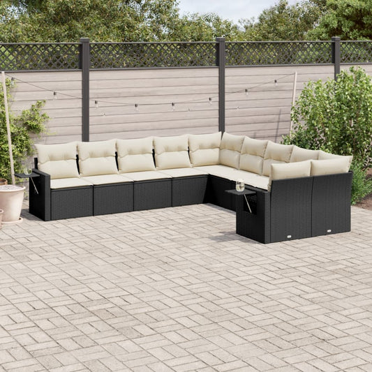 10-delige Loungeset met kussens poly rattan zwart