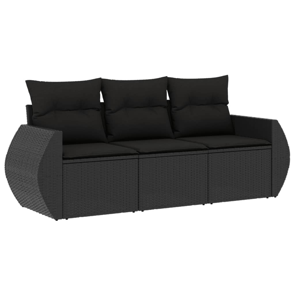 3-delige Loungeset met kussens poly rattan zwart