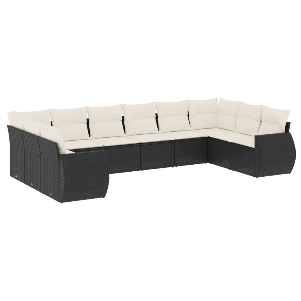 10-delige Loungeset met kussens poly rattan zwart