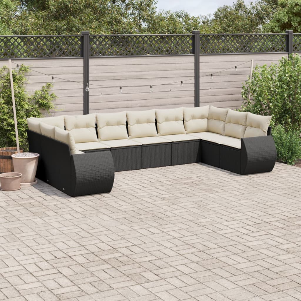 10-delige Loungeset met kussens poly rattan zwart