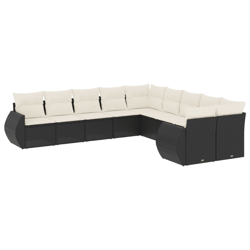 10-delige Loungeset met kussens poly rattan zwart