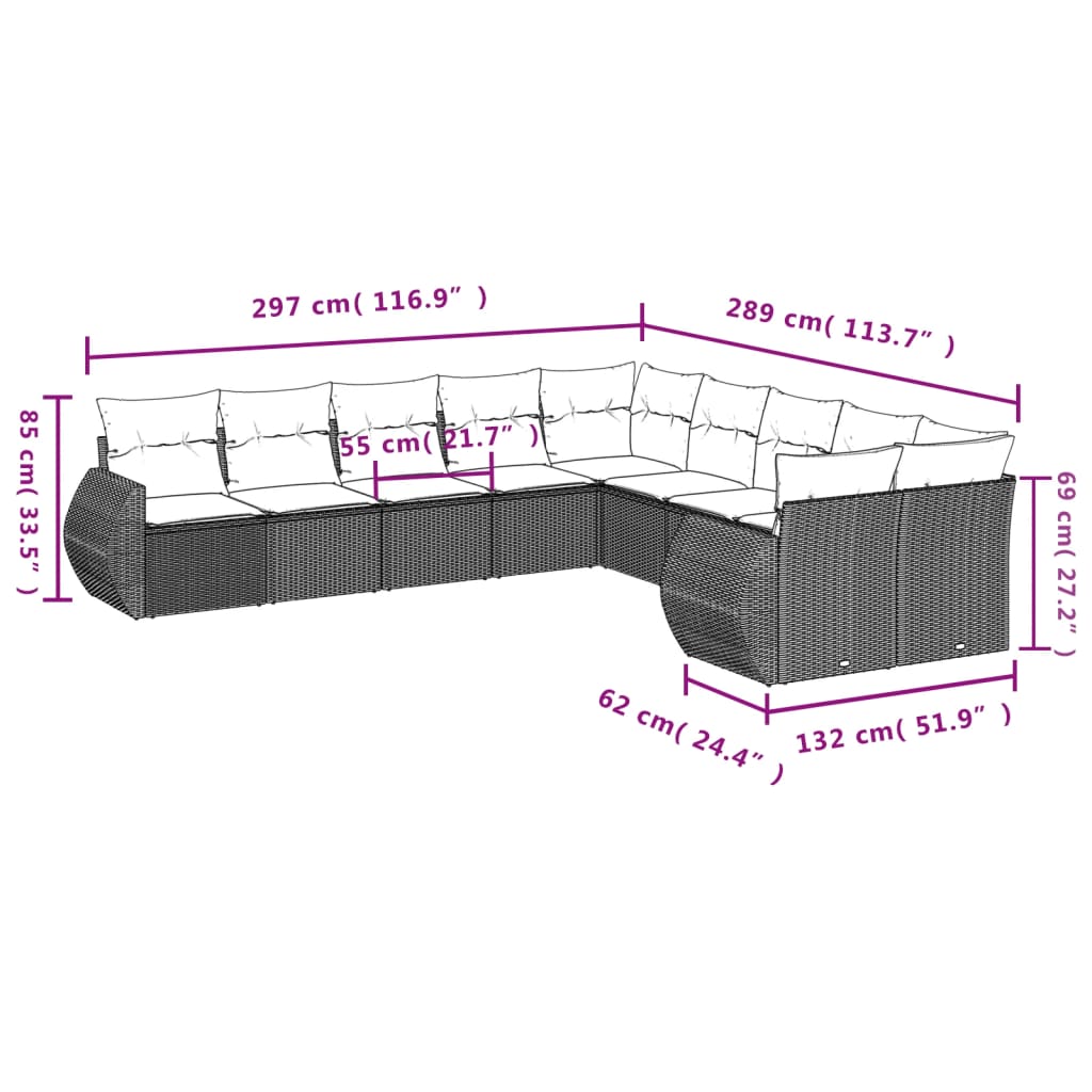 10-delige Loungeset met kussens poly rattan zwart