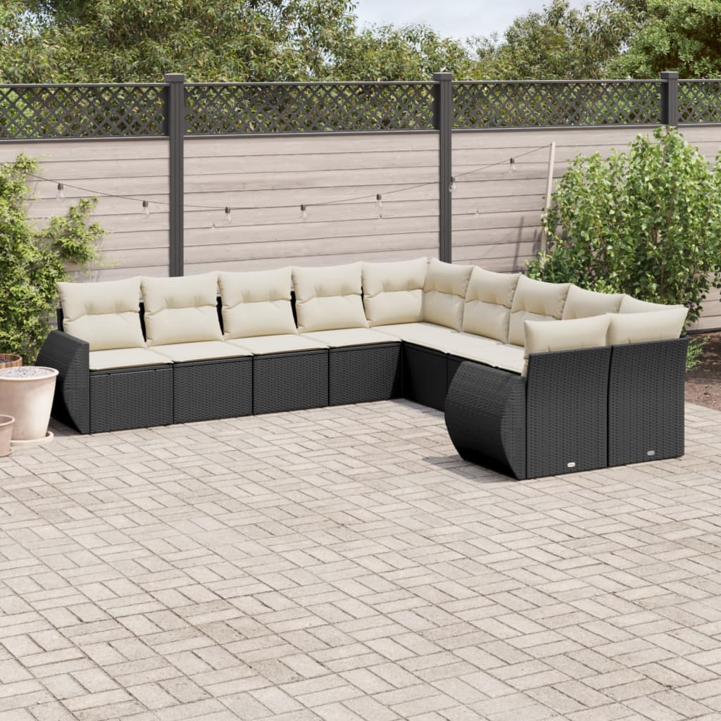 10-delige Loungeset met kussens poly rattan zwart