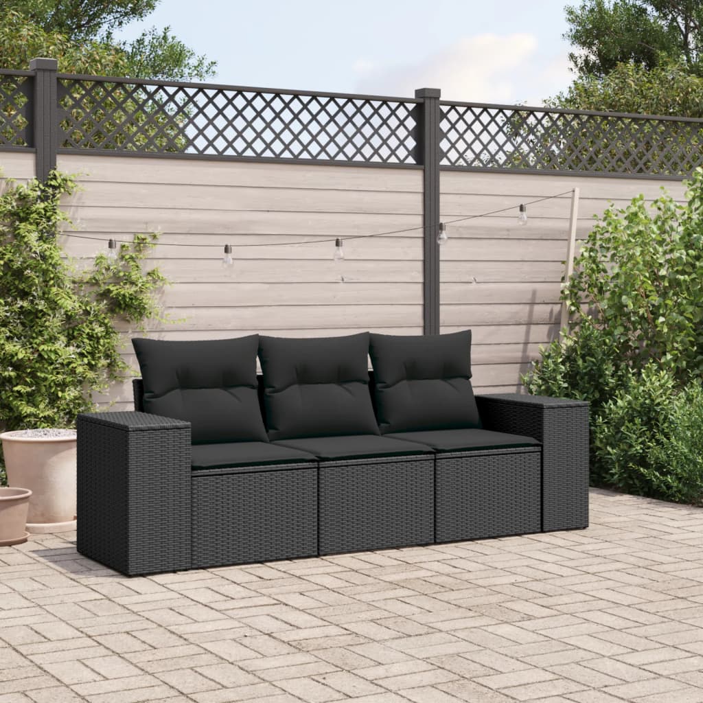 3-delige Loungeset met kussens poly rattan zwart