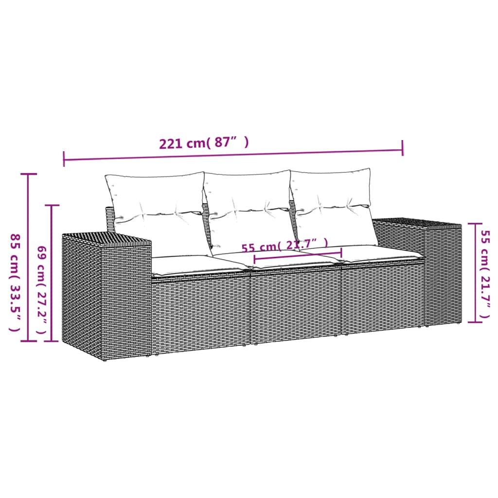 3-delige Loungeset met kussens poly rattan zwart