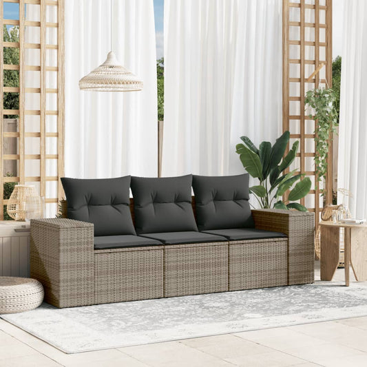 3-delige Loungeset met kussens poly rattan grijs