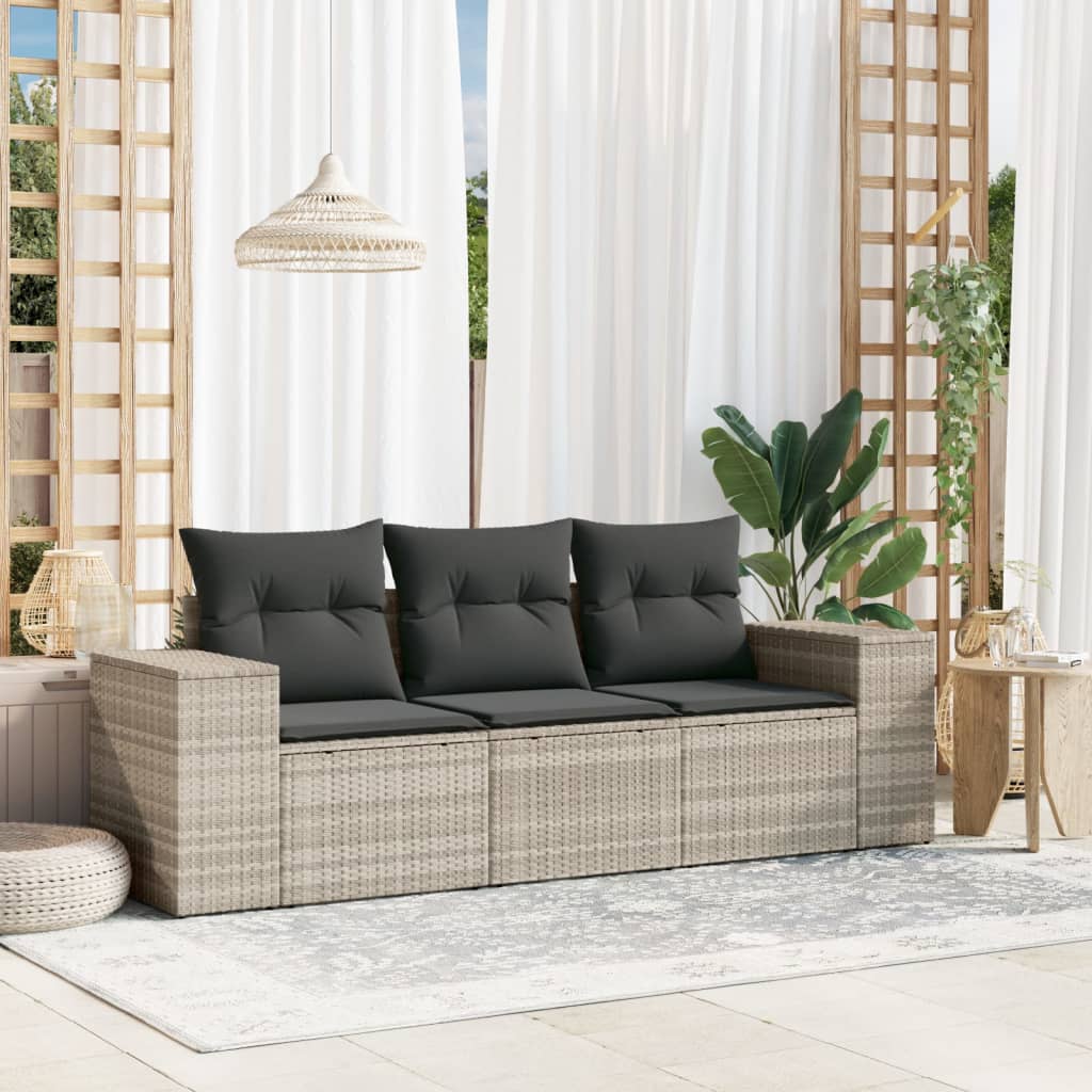 3-delige Loungeset met kussens poly rattan lichtgrijs