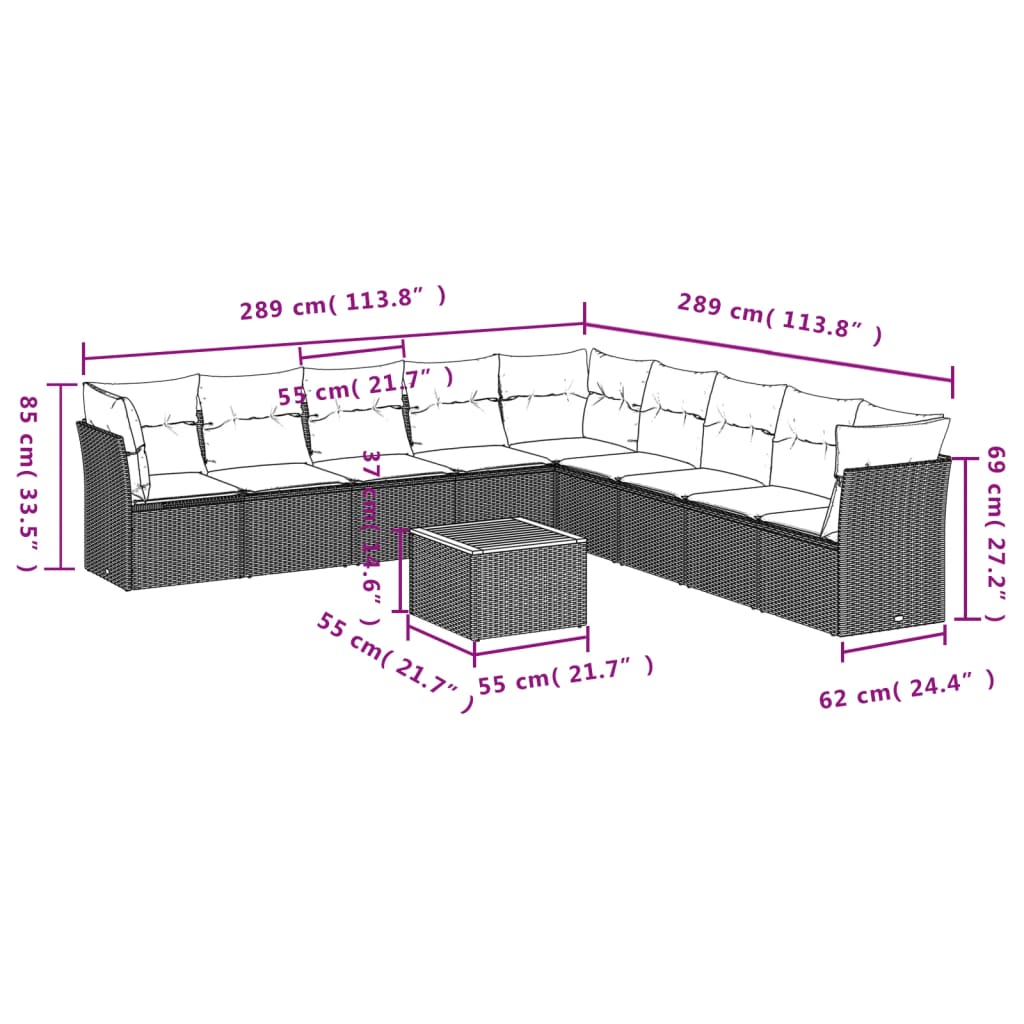 10-delige Loungeset met kussens poly rattan zwart