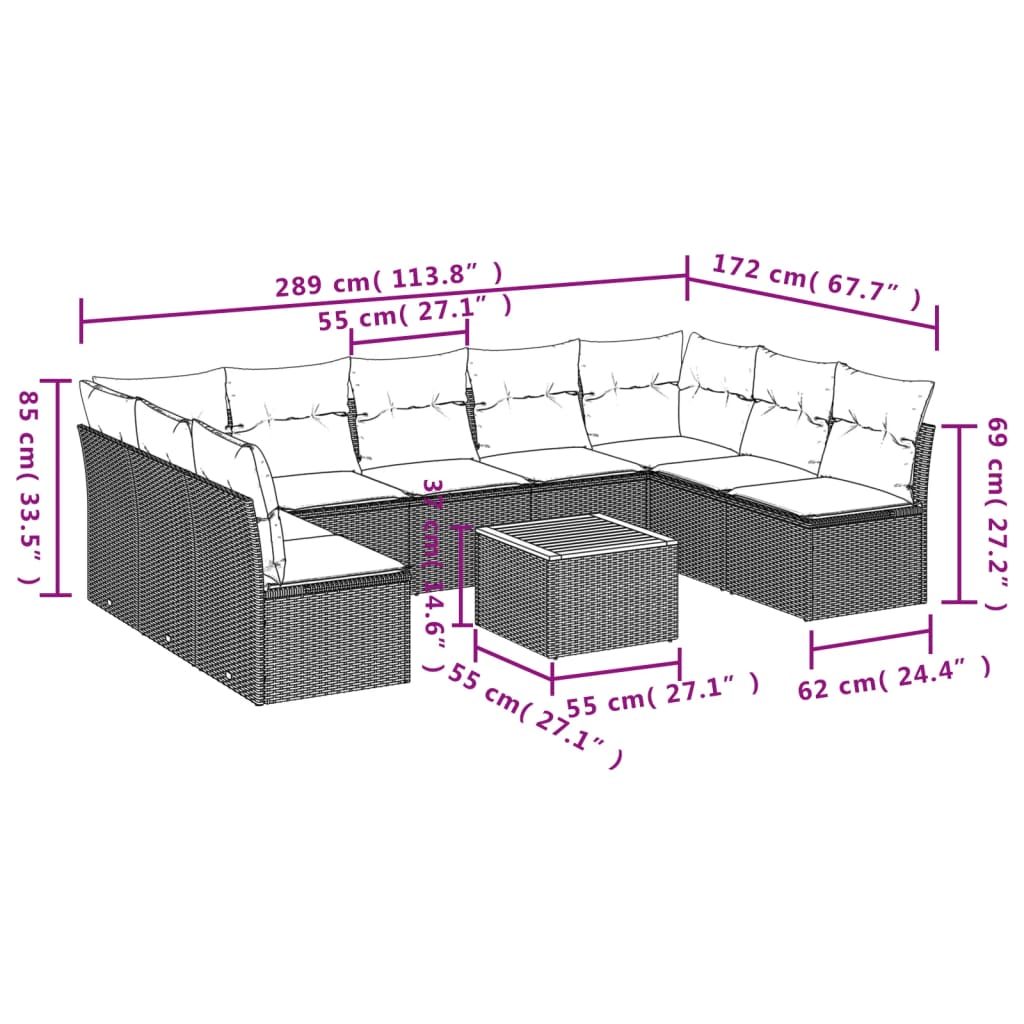 10-delige Loungeset met kussens poly rattan zwart