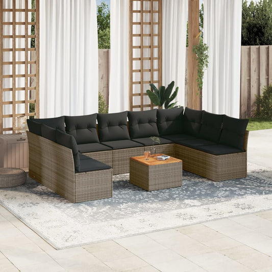 10-delige Loungeset met kussens poly rattan grijs