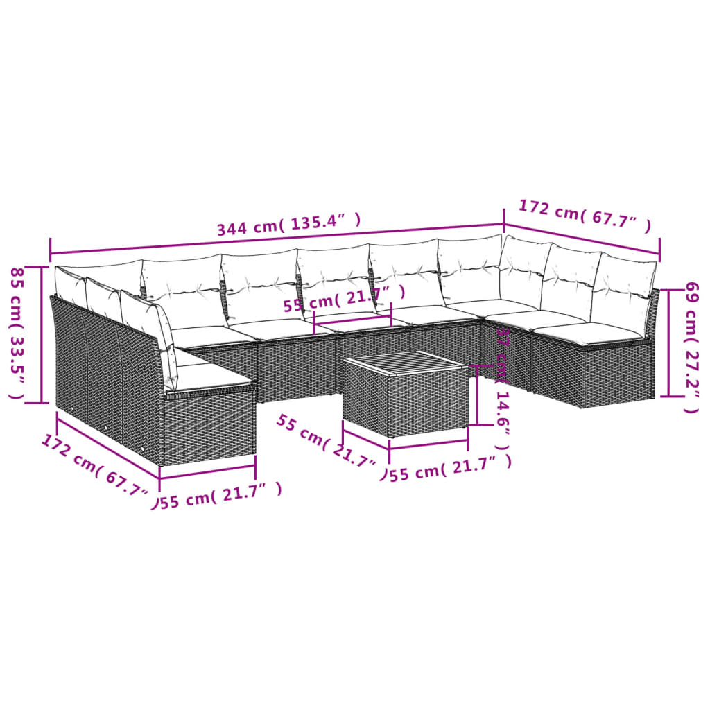 11-delige Loungeset met kussens poly rattan zwart