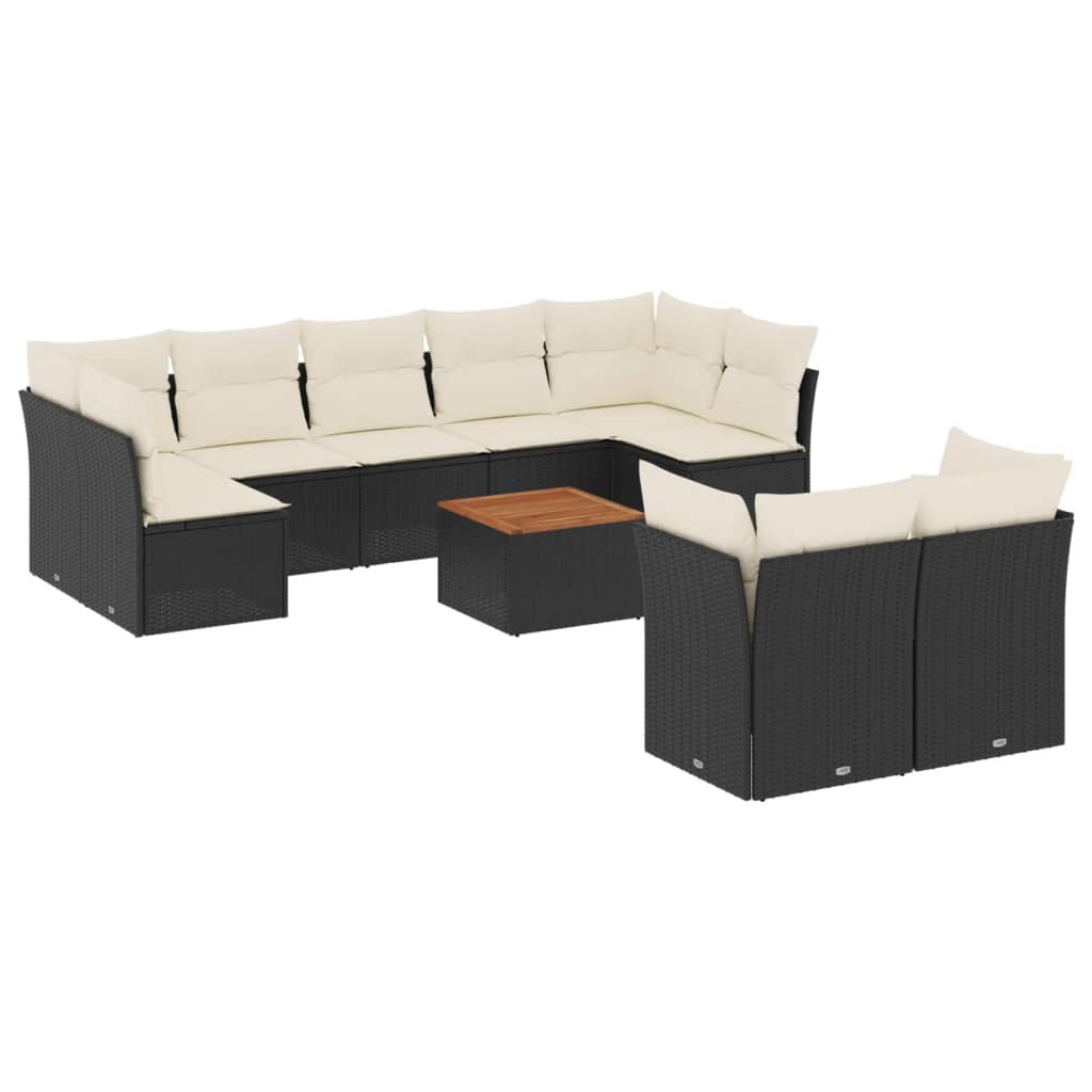 10-delige Loungeset met kussens poly rattan zwart