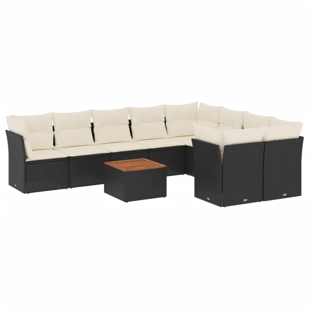 10-delige Loungeset met kussens poly rattan zwart