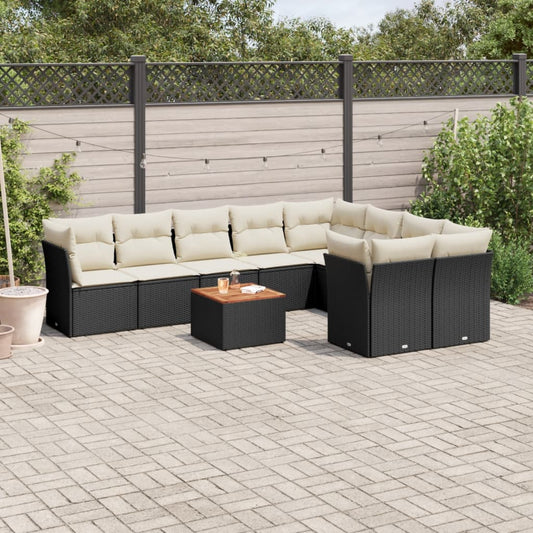 10-delige Loungeset met kussens poly rattan zwart