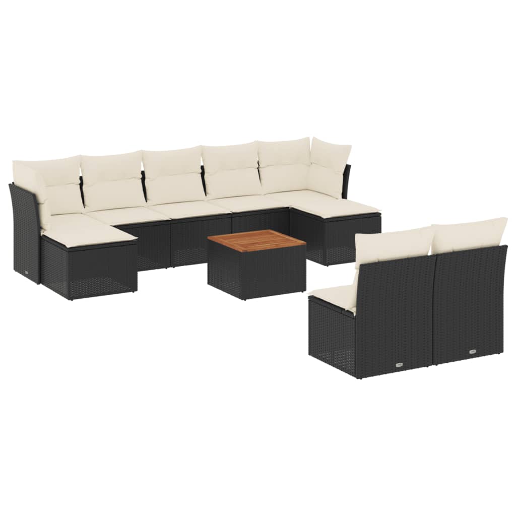 10-delige Loungeset met kussens poly rattan zwart