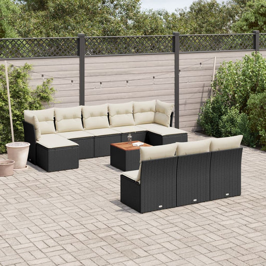 11-delige Loungeset met kussens poly rattan zwart