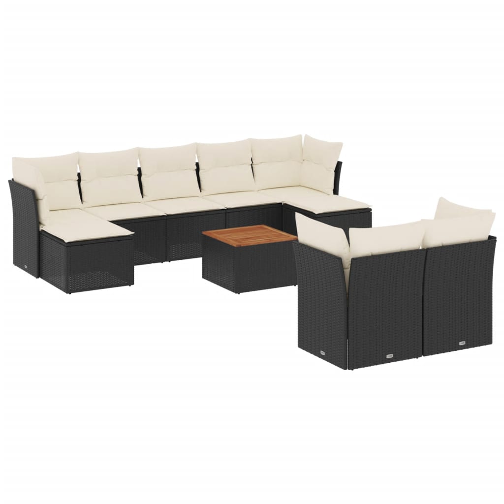 10-delige Loungeset met kussens poly rattan zwart