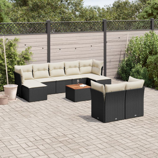 10-delige Loungeset met kussens poly rattan zwart