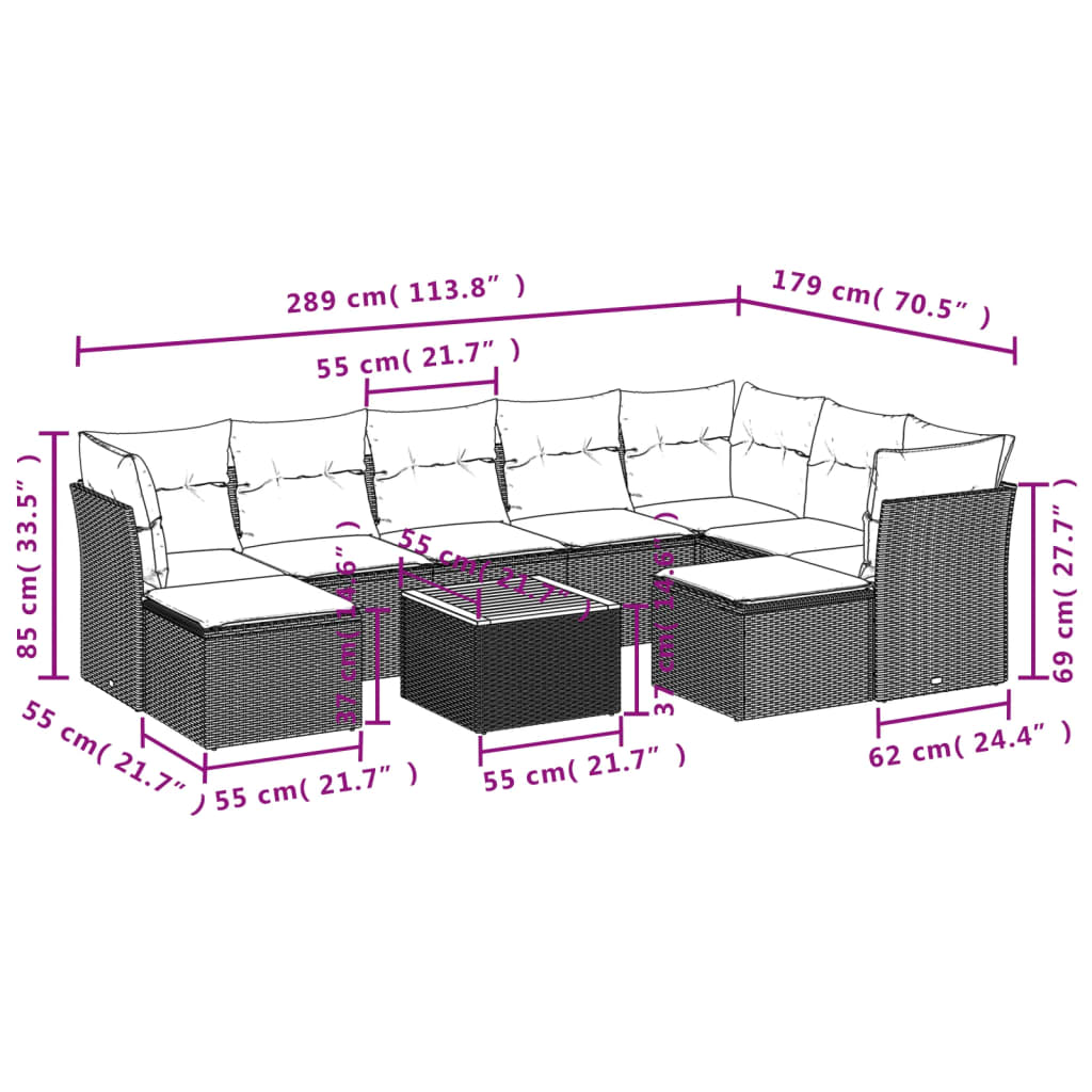 10-delige Loungeset met kussens poly rattan zwart