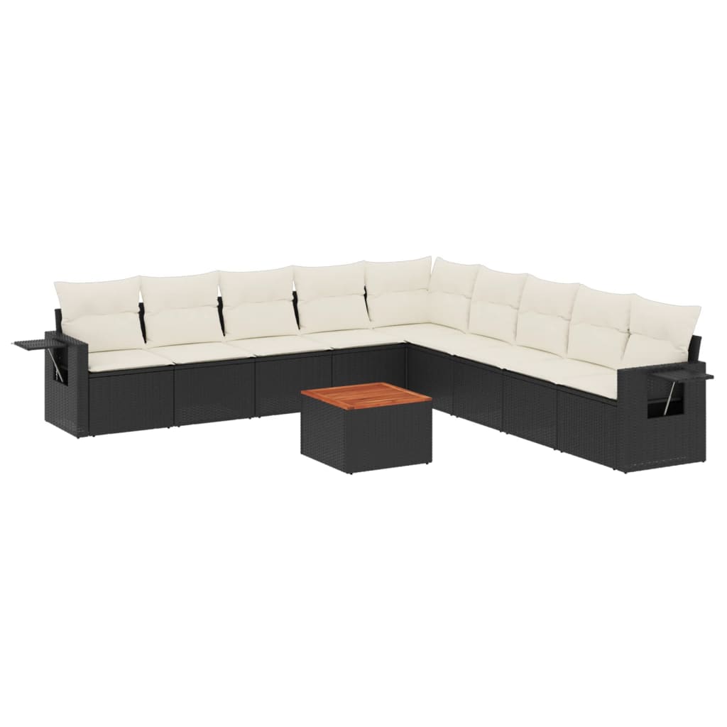 10-delige Loungeset met kussens poly rattan zwart