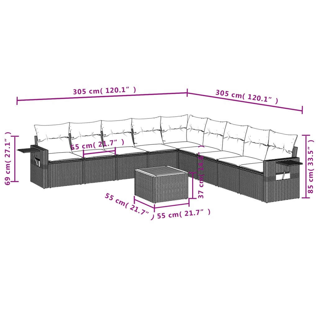 10-delige Loungeset met kussens poly rattan zwart