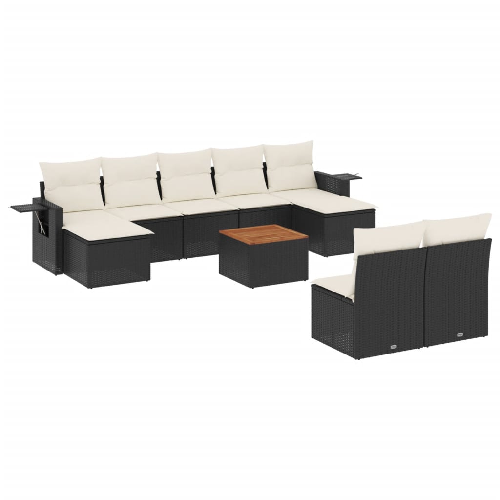 10-delige Loungeset met kussens poly rattan zwart