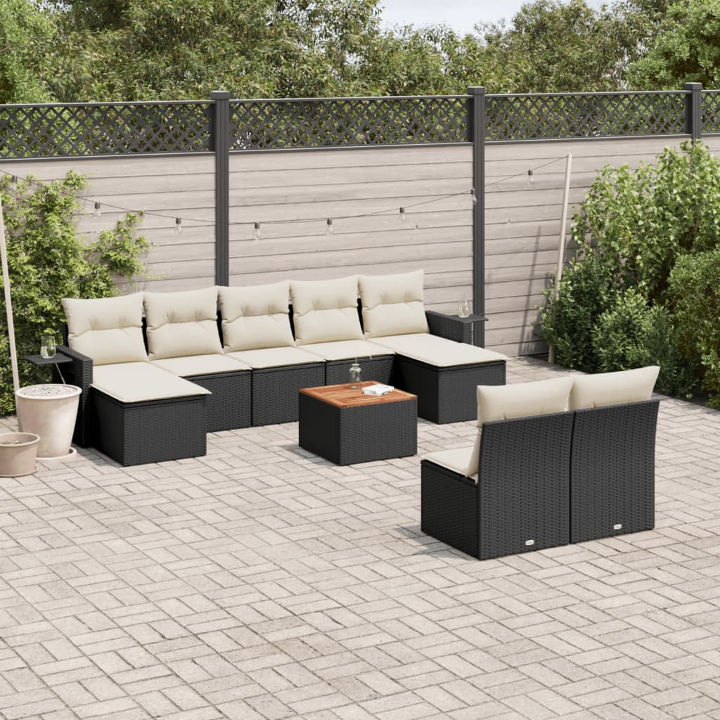 10-delige Loungeset met kussens poly rattan zwart