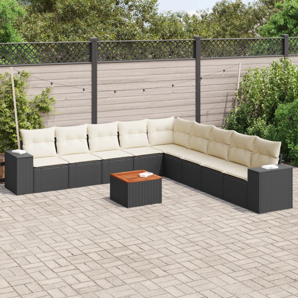 10-delige Loungeset met kussens poly rattan zwart