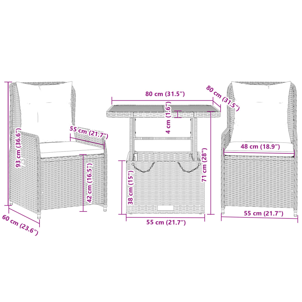 3-delige Bistroset met kussens poly rattan zwart