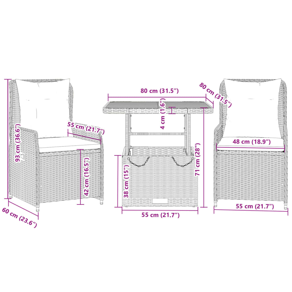 3-delige Bistroset met kussens poly rattan grijs