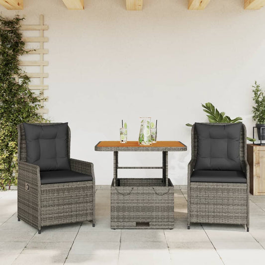 3-delige Bistroset met kussens poly rattan grijs